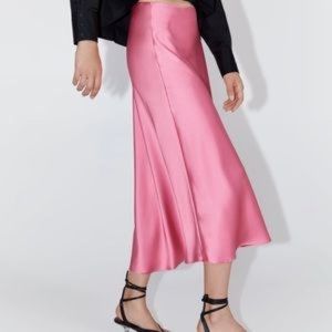 - NWT Zara Pink Silky Satin Asymmetric Skirt